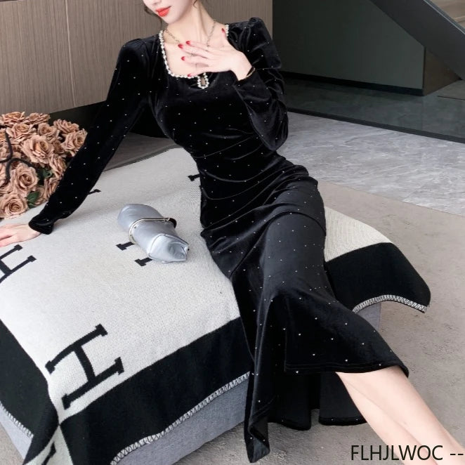 New Year Retro Vintage French Design Dresses Women Elegant Annual Meeting Hollow Out Black Bling Bead Party Long Fishtail Dress