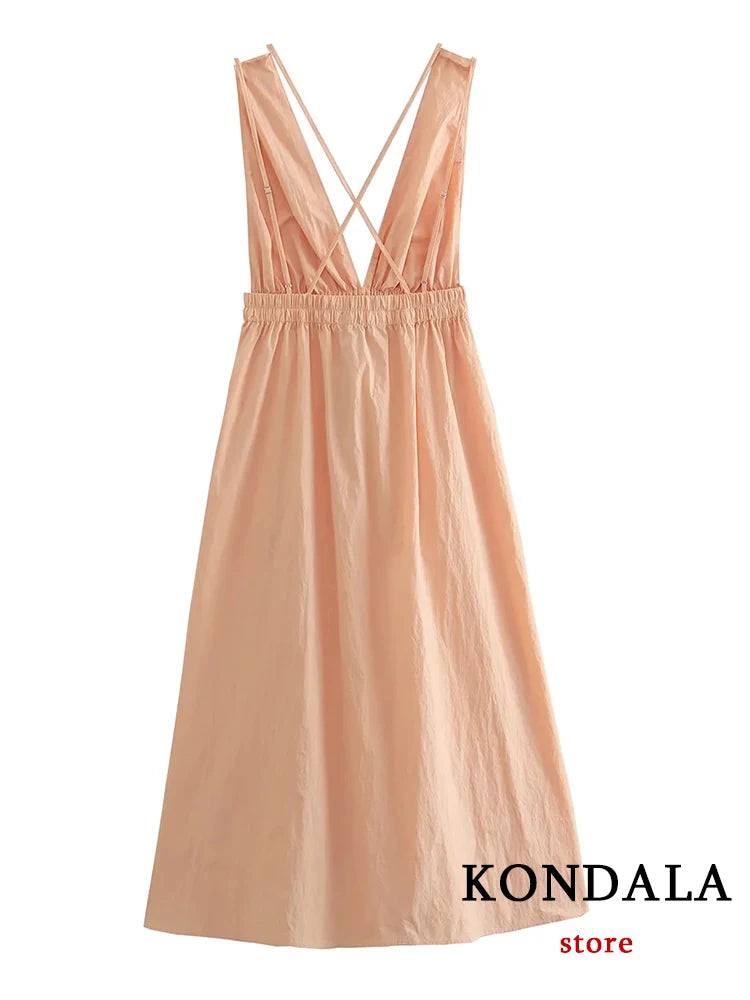 KONDALA Sexy Deep V Neck Loose Long Dress Women Sleeveless Backless Elastic Nylon Dress Fashion 2023 Summer Holiday Dress