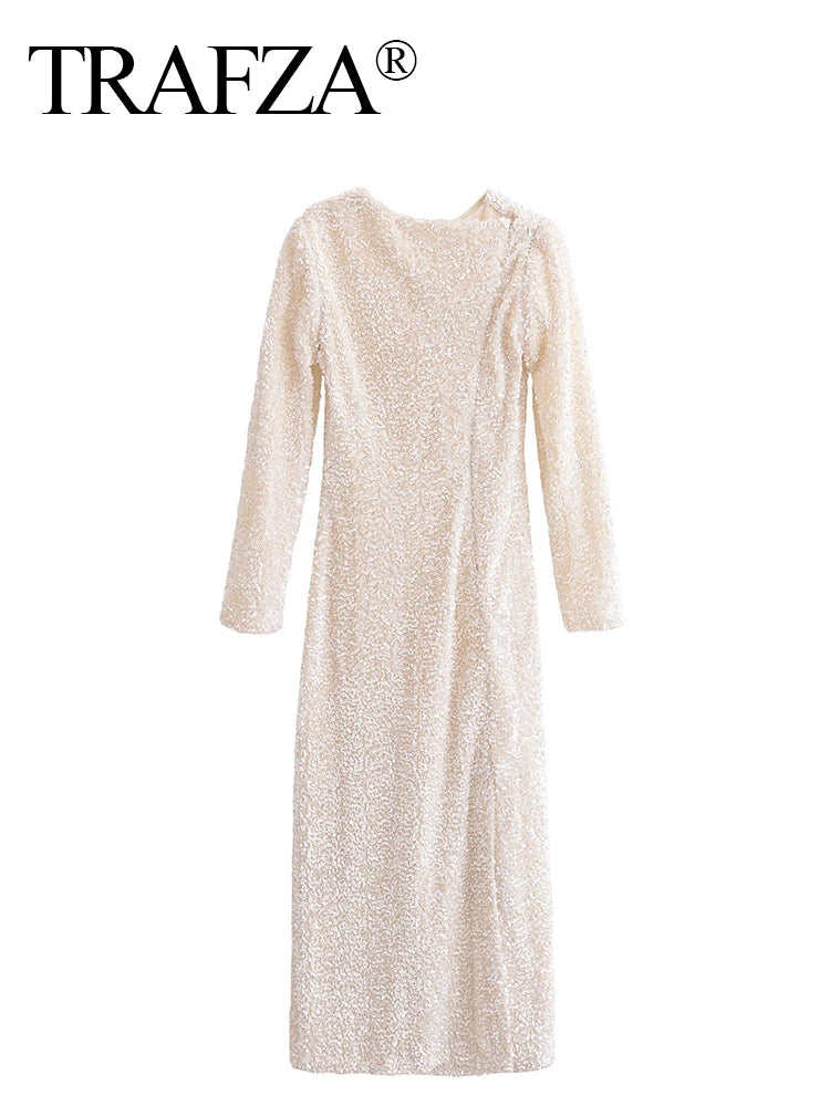 TRAFZA Autumn Party Dress Woman 2024 Trendy Solid O-Neck Long Sleeve Sequins Decorate Zipper Female High Street Long Dresses