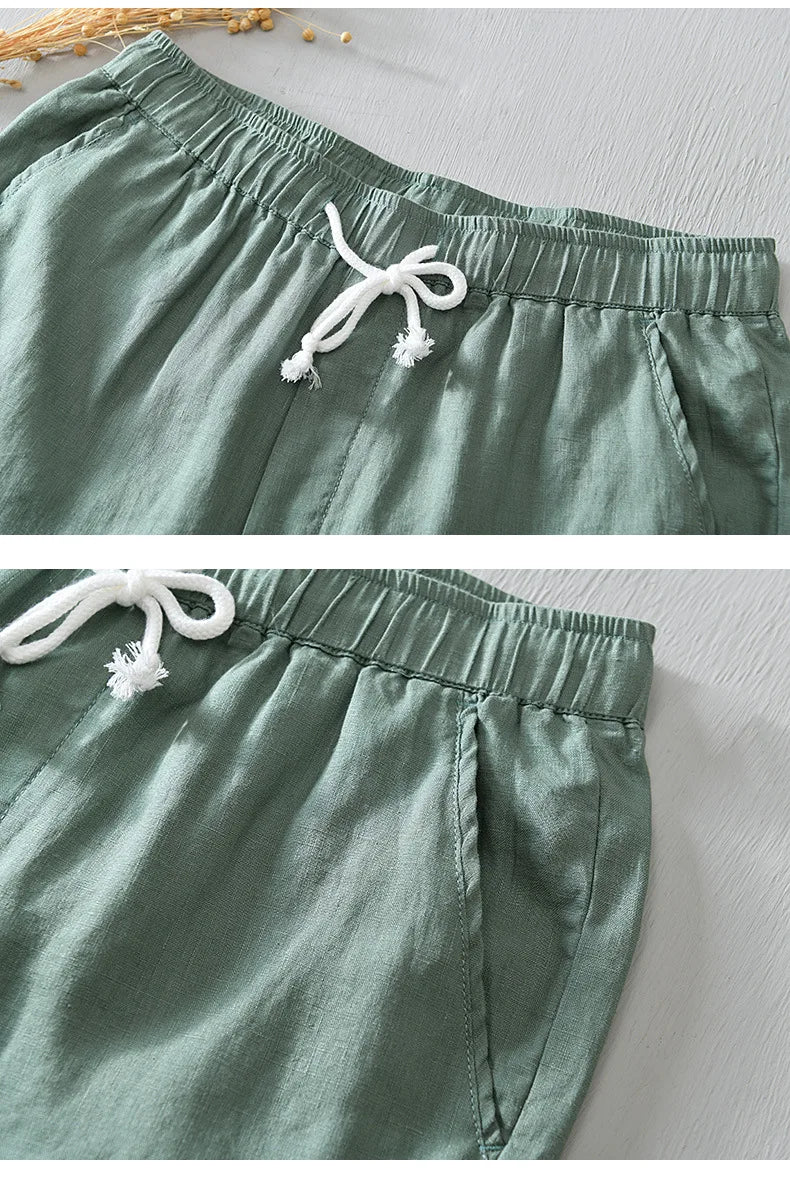 Summer New Simple 100% Linen Shorts for Men Clothing Solid Color Streetwear Men Pants B8103