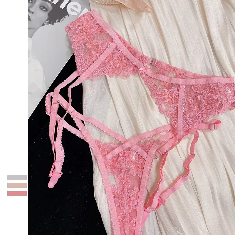 Pink girly lace embroidered bra with underpants summer sexy ultra-thin underwire lingerie underwear set