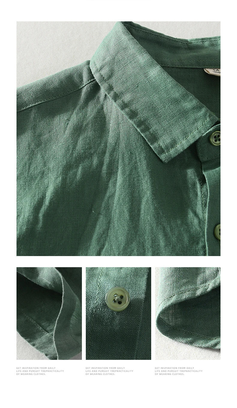 923 100% Linen Men's Summer Fashion Shirt High Quality Solid Color Simple Casual Short Sleeve Blouses Basic Thin Breathable Tops