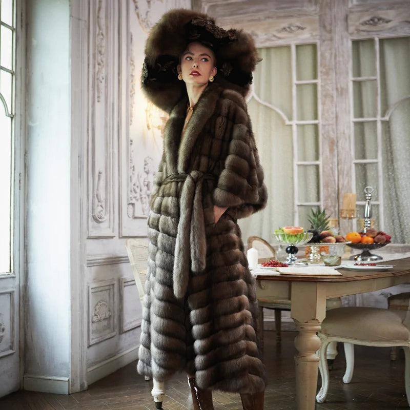 Women's Fur Coat 2223 Trend Natural Fur Long Mink grey strped Outerwear Jackets Trench Coats New In Outdoor Clothes Clothing