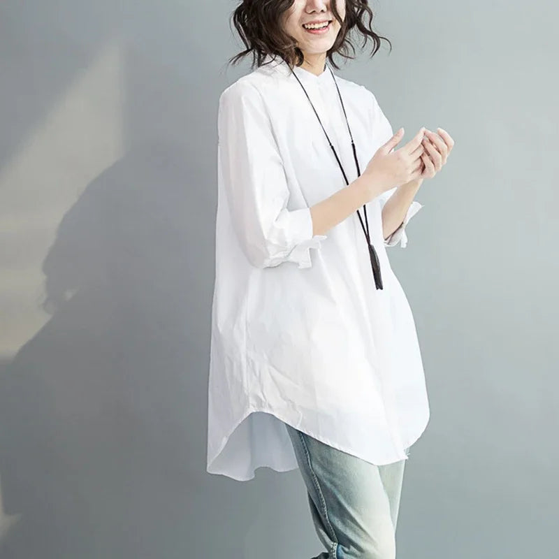 Summer 100% Cotton Women White Shirts Fashion Long-sleeve Large Loose Blouse Bow Fashion Lady Clothing 0.24KG