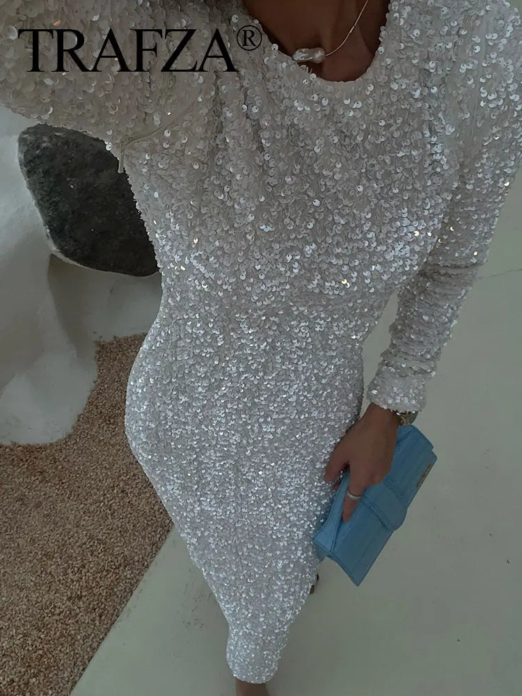 TRAFZA Autumn Party Dress Woman 2024 Trendy Solid O-Neck Long Sleeve Sequins Decorate Zipper Female High Street Long Dresses