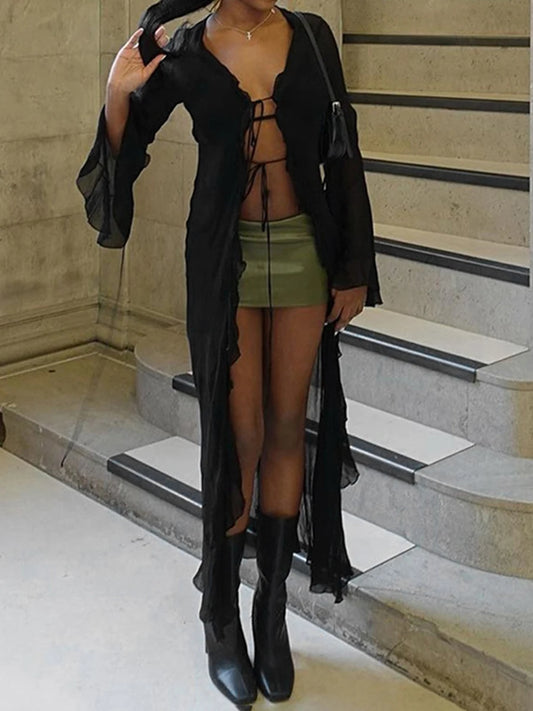 Women s Summer Tie Up Mesh Long Cardigan Long Sleeve Open Front Cardigan Swimwear Cover Ups Long Beach Kimono Streetwear