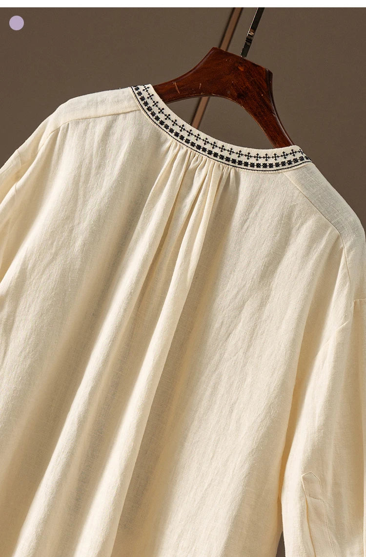 100% Linen Five-Sleeve Embroidered Shirt Women Blusas Femininas  Women Tops  Shirts for Women  Blusas De Mujer