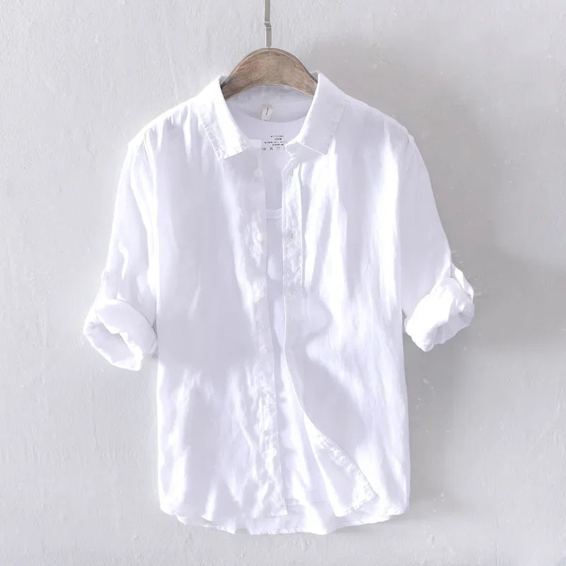 New Designer 100% Linen Long Sleeved Shirt Men Brand Casual Solid White Button Up Shirts for Men Top