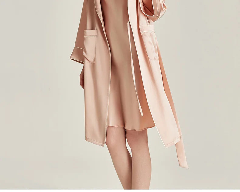 BirdTree 6A 19MM 100%Real Silk Satin Night Robe, Women Notched Neck Sash, Elegant Simple Pajama Robe, 2024 Spring Fall P469122QM
