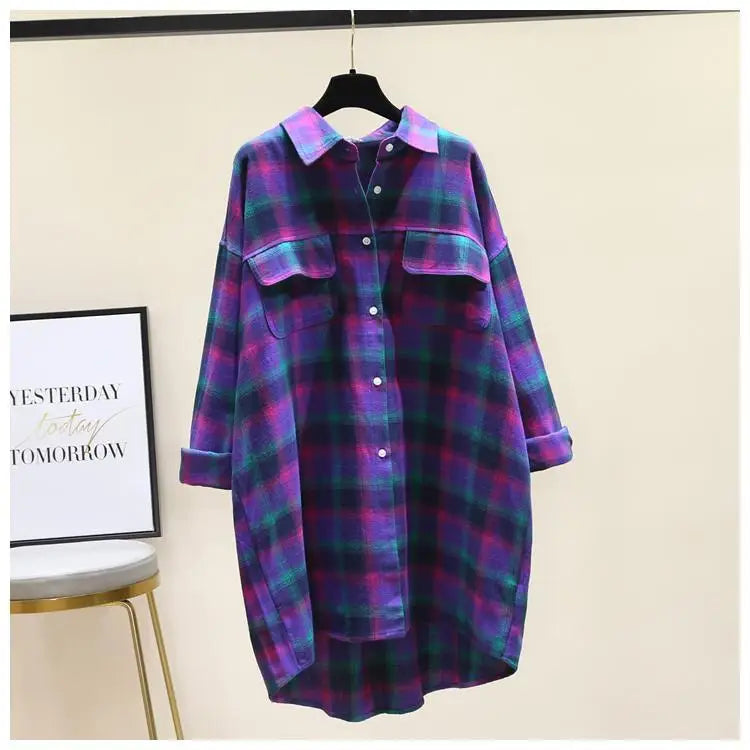 Fashion Women's Blouses Contrasting Colors Plaid Polo-Neck Shirt Female 2022 Autumn Korean Loose Long Sleeve Casual Pockets Tops
