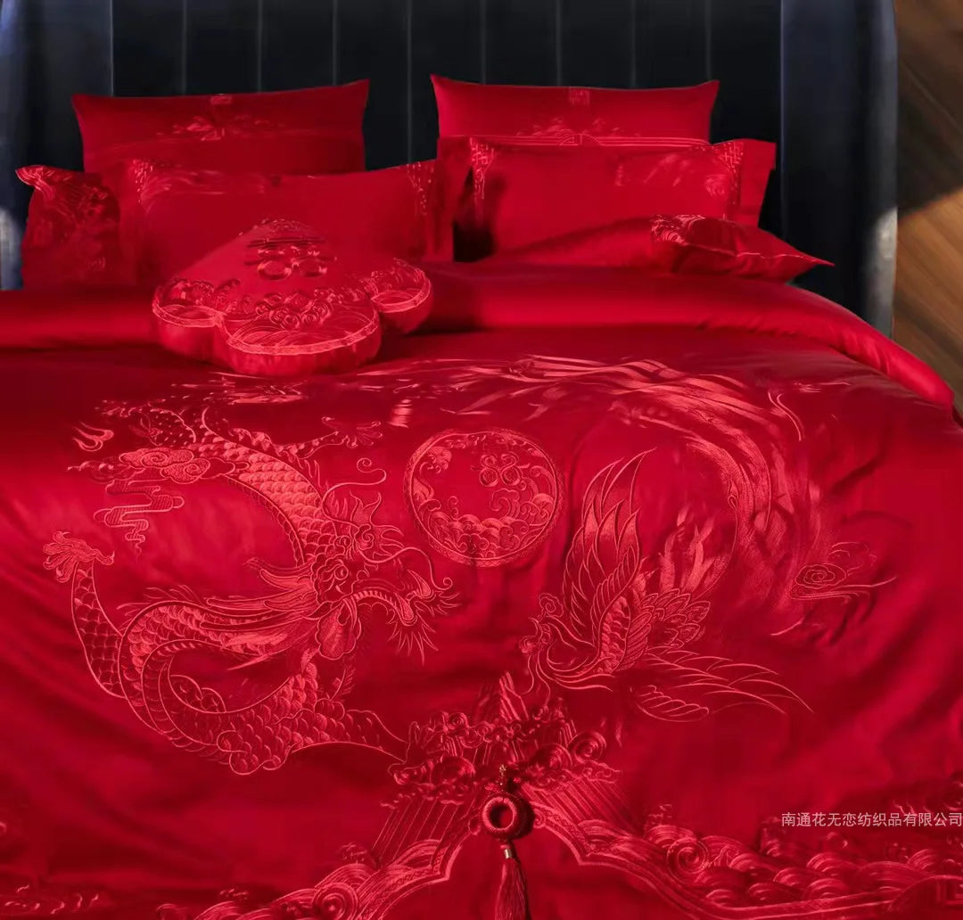 160 Thread Count Long Staple Cotton Embroidered Wedding Four Piece Set of Joyful Red Wedding Bedding Products