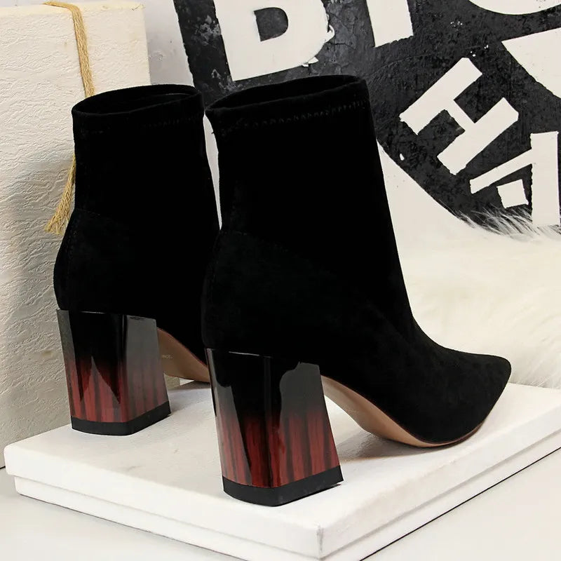 Woman Ankle Length Flock Boots Women Fashion Pointed Toe High Heel Shoes Winter Ankle Boots Ladies Shoes 1718-2