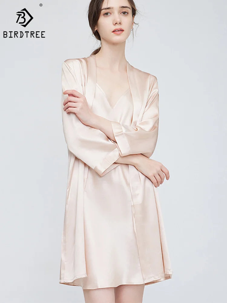 Birdtree 19MM 100%Real Silk Sleeping Robe Sling Dress, Sexy Elegant Women Fashion Night-robe Sets, V Neck Sleepwear S43918QM