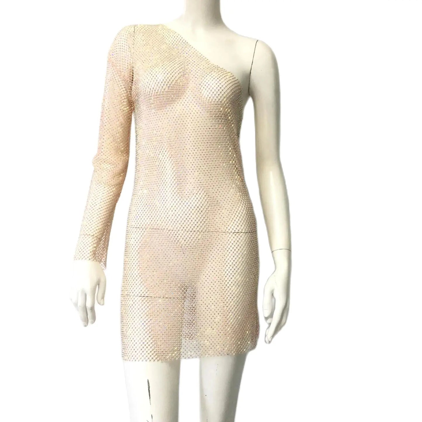 2024 New Women Shiny Diamonds Mini Dress Sexy See Through Hollow Out One Shoulder Backless Dress Nightclub Party Evening Dresses