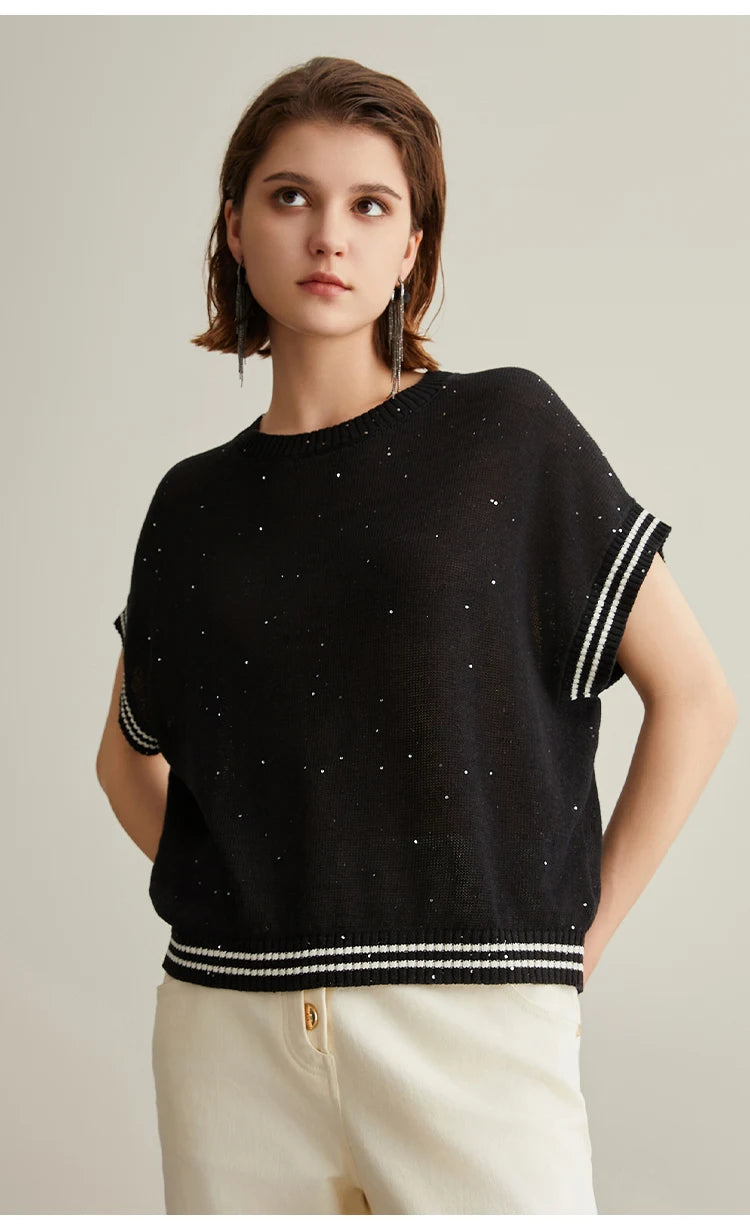 BC656 Western Style Luxury Brand Women's Clothing Summer Sequin Ladies Knitted Pullover 100% Linen Sweaters For Women