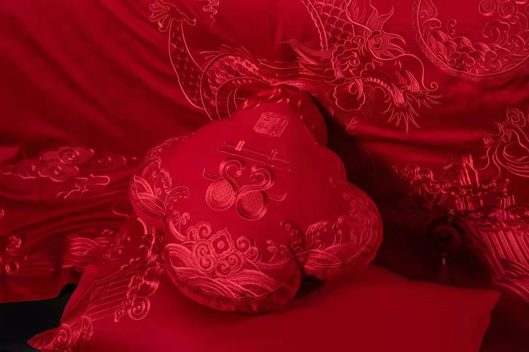 160 Thread Count Long Staple Cotton Embroidered Wedding Four Piece Set of Joyful Red Wedding Bedding Products