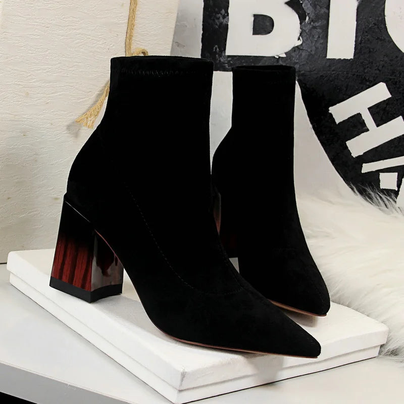 Woman Ankle Length Flock Boots Women Fashion Pointed Toe High Heel Shoes Winter Ankle Boots Ladies Shoes 1718-2