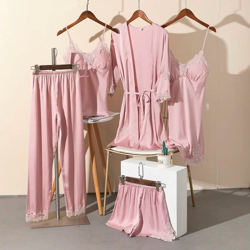 Spring Summer 5PCS PAJAMAS SET Sexy Lace Trim Bath Robe Nightgown Female Satin Cami Pijamas Suit Loose Home Clothes Lounge wear