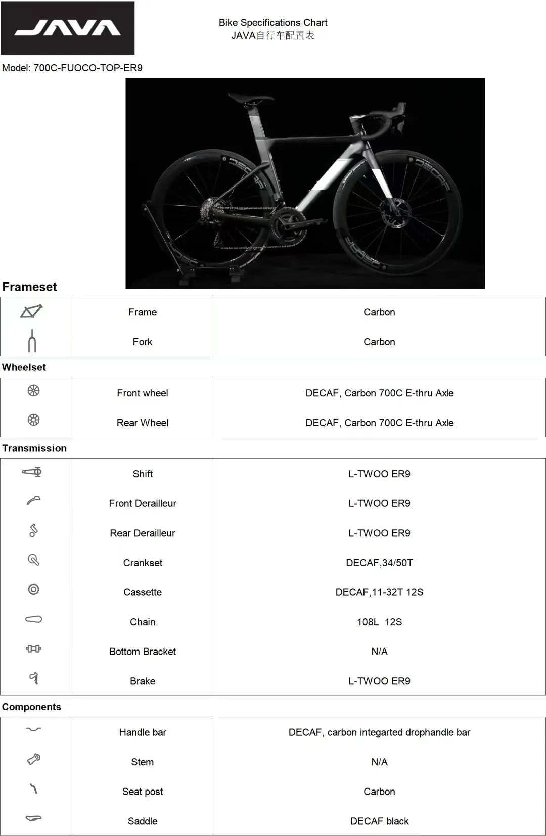 JAVA FUOCO TOP Road Bike 24 Speed Carbon Fiber Road Bicycle R7120 105 Hydraulic Disc Brake Racing Cycling Fuoco-Top DECAF UCI