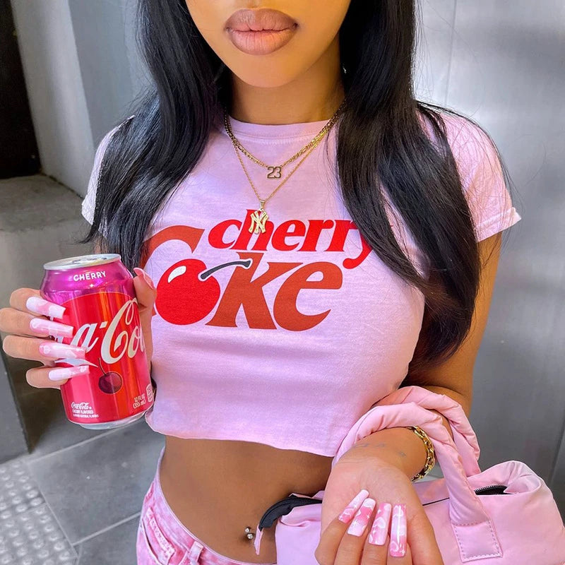 Summer Kawaii Sleeve Tee Vintage Graphic T-shrit Women's clothing Cartoon Cherry Print Accessories Y2k Clothing Cropped Top Tees