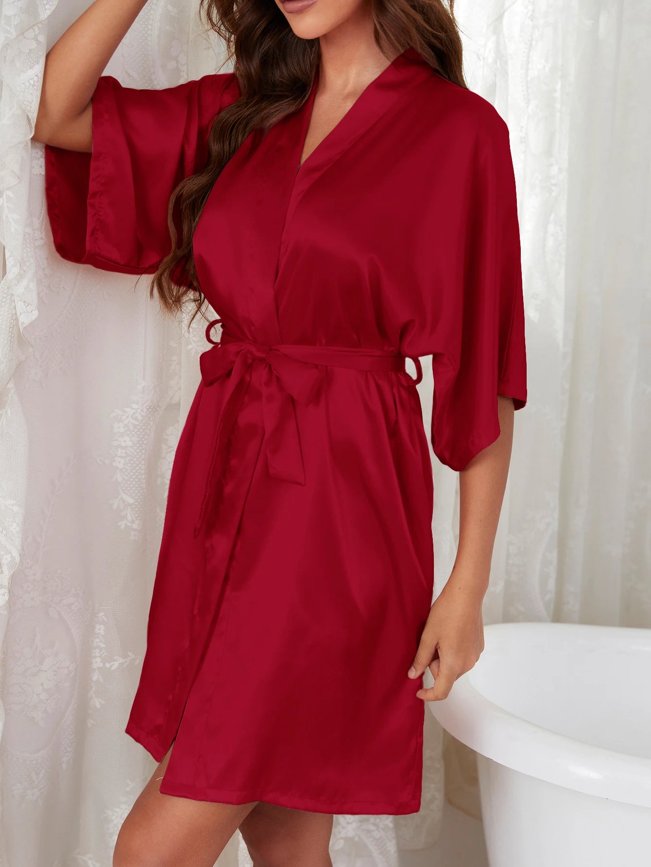 Solid Satin Night Robe, Elegant Half Sleeve V Neck House Robe With Belt, Women's Sleepwear