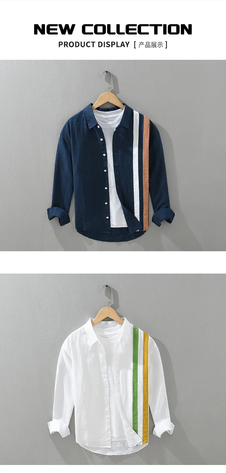 2024 New 100% Linen Long Sleeve Shirt for Men Loose Shirts No Bounce Fashion Striped Patchwork Men's Clothing
