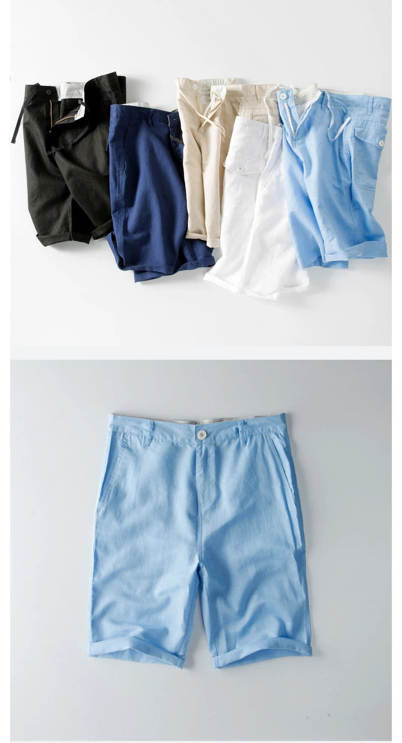 Summer Fashion Men Cotton Linen Shorts Beach Holiday Solid Color Fresh China Style Thin Casual Loose Half Length Straight Pants