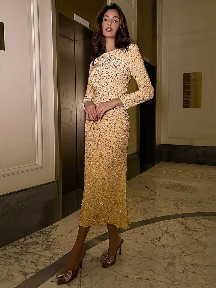 GACVGA Fashion Sequined Party Slim Midi Dress For Women 2024 Autumn Winter Elegant Long Sleeve Sexy Bodycon Evening Dresses