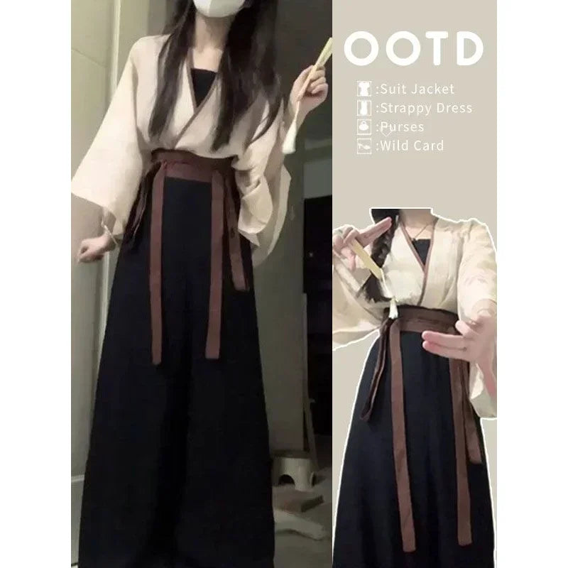 2023 Summer Improved Cotton Linen Hanfu Dress 3pcs Chinese Traditional Women's Clothing Japanese Lace Up Kimono Cosplay Heroine