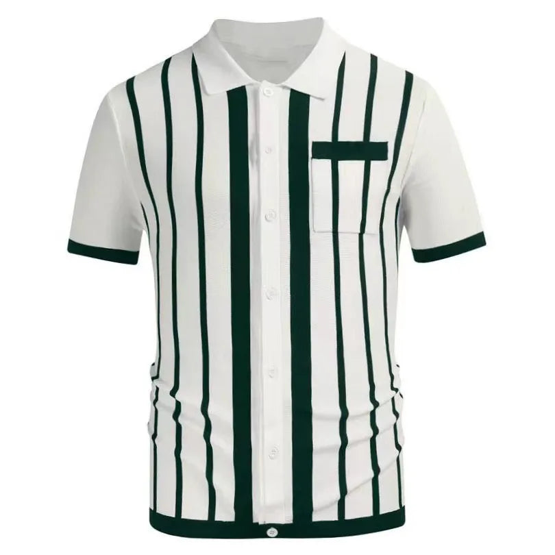 Summer Men Luxury Clothing Knit Short Sleeve Polo Shirt Casual Classics Stripes Lapel Button Slim Fit Cardigan Breathable Tops