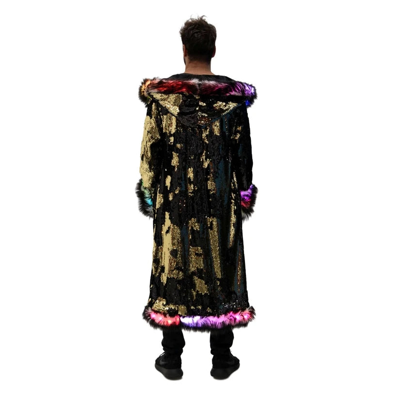 New LED Costume Faux Fur Coat Long Hooded Flash Clothes Burning Man Clothing Men's Faux Fur Coat