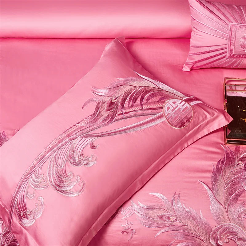Pink Luxury Chinese Style Wedding Bedding Set Satin Jacquard Egyptian Cotton Peony Embroidery Duvet Cover Bed Sheet Pillowcases