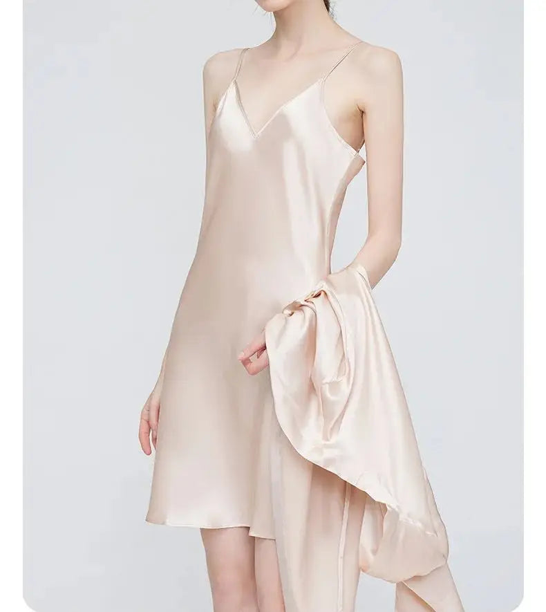 Birdtree 19MM 100%Real Silk Sleeping Robe Sling Dress, Sexy Elegant Women Fashion Night-robe Sets, V Neck Sleepwear S43918QM