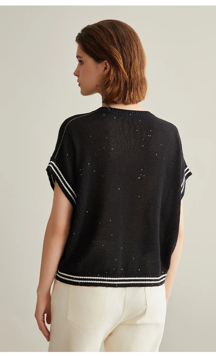 BC656 Western Style Luxury Brand Women's Clothing Summer Sequin Ladies Knitted Pullover 100% Linen Sweaters For Women
