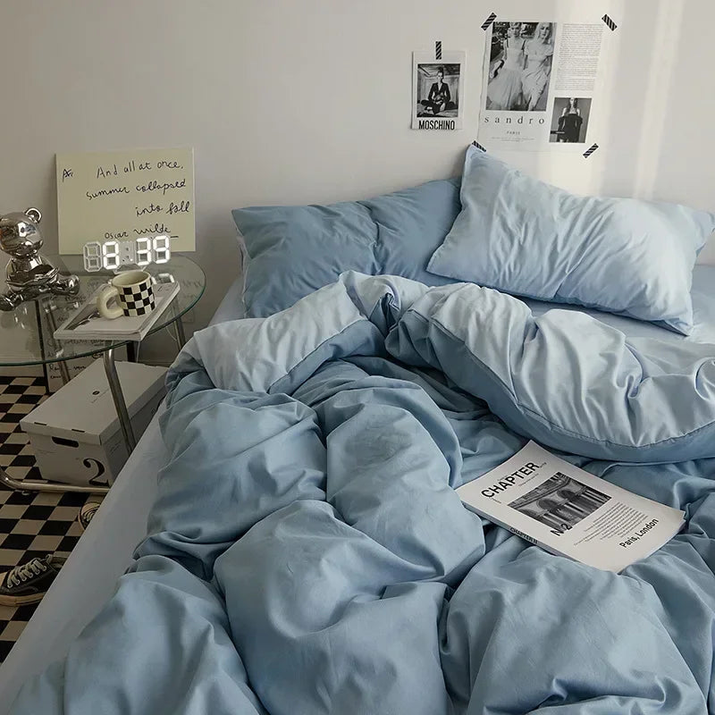 High Quality Solid Color Double Washed Cotton Bedding 4 Pieces Set Student Dormitory Bed Linen Duvet Set Bed Suit