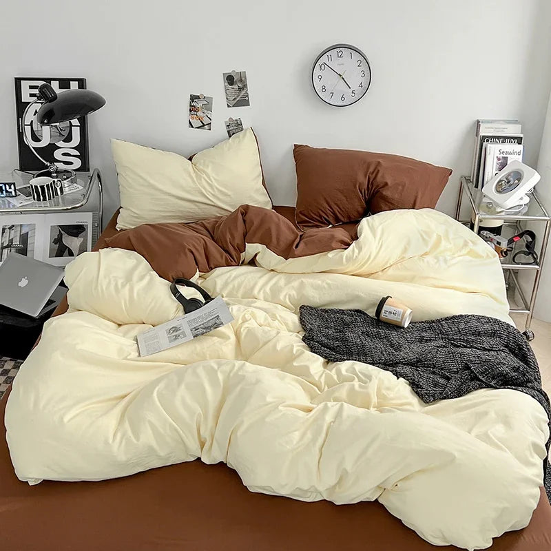 Solid Color Duvet Cover Set 100% Washed Cotton Bedding Set Super Soft Comfortable Lightweight Comforter Cover with 2 Pillowcases