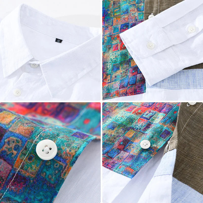 100% Linen Yarn-dyed Patchwork Men's Shirts 2024 Spring New Fashion Artsy Blouse for Youth Man Casual Loose Long Sleeve Tops