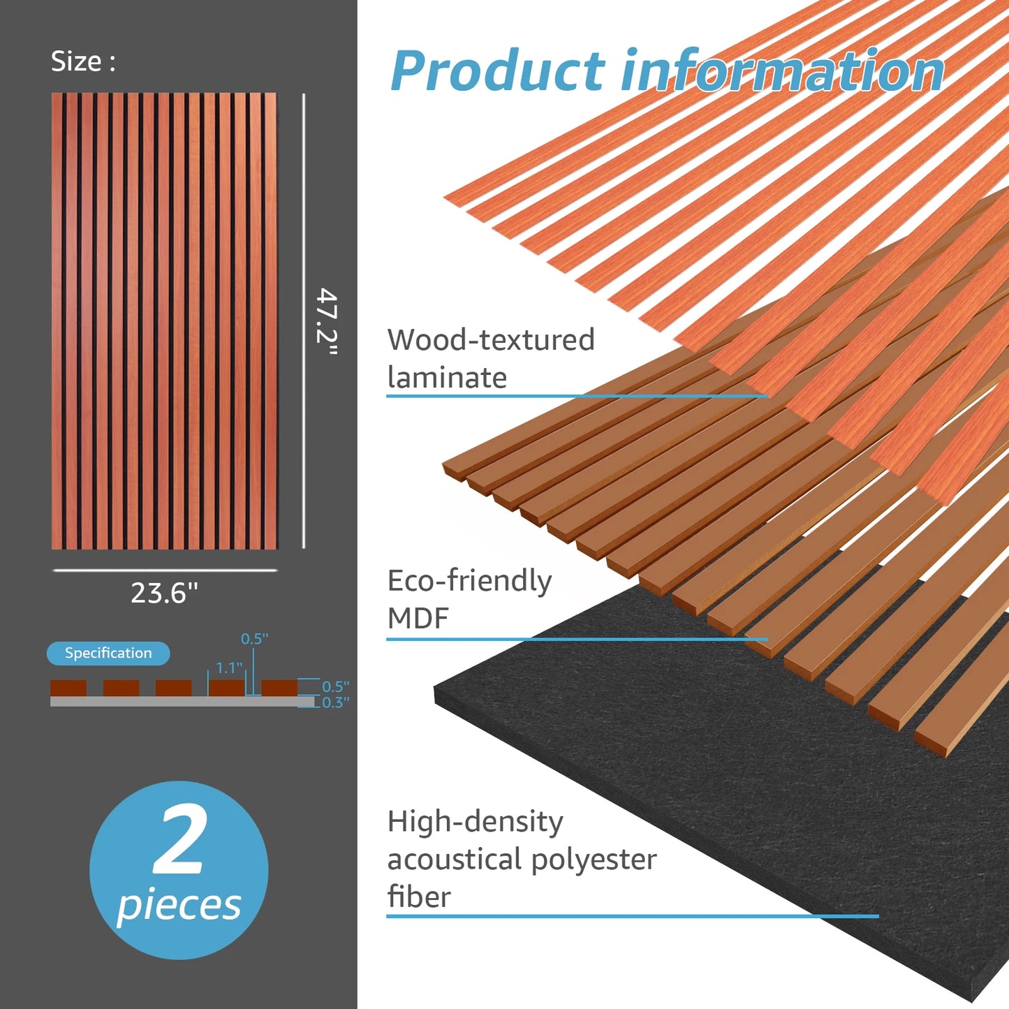 Art3d 2PCS Wood Slat Acoustic Panels 3D Fluted Sound Absorbing Wall Panel Home Decoration Use in Homes Offices Studios
