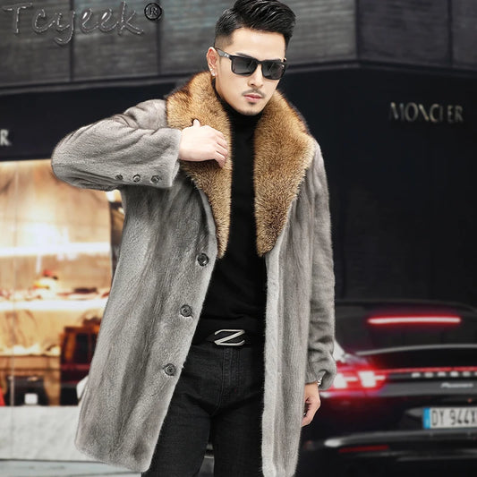 Tcyeek High-end Winter Whole Mink Fur Jackets Fashion Mid-length Mens Real Fur Coats Warm Natural Mink Fur Jacket Men Clothing