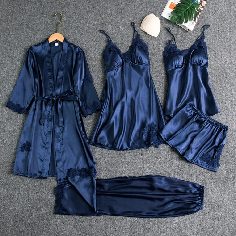 5Pcs Ice Silk Robe Sleep Pajama Set Women's Ventilate Lace Satin Pajamas Gown V-Neck Casual Wear Home Nightwear Spring Sleepwear