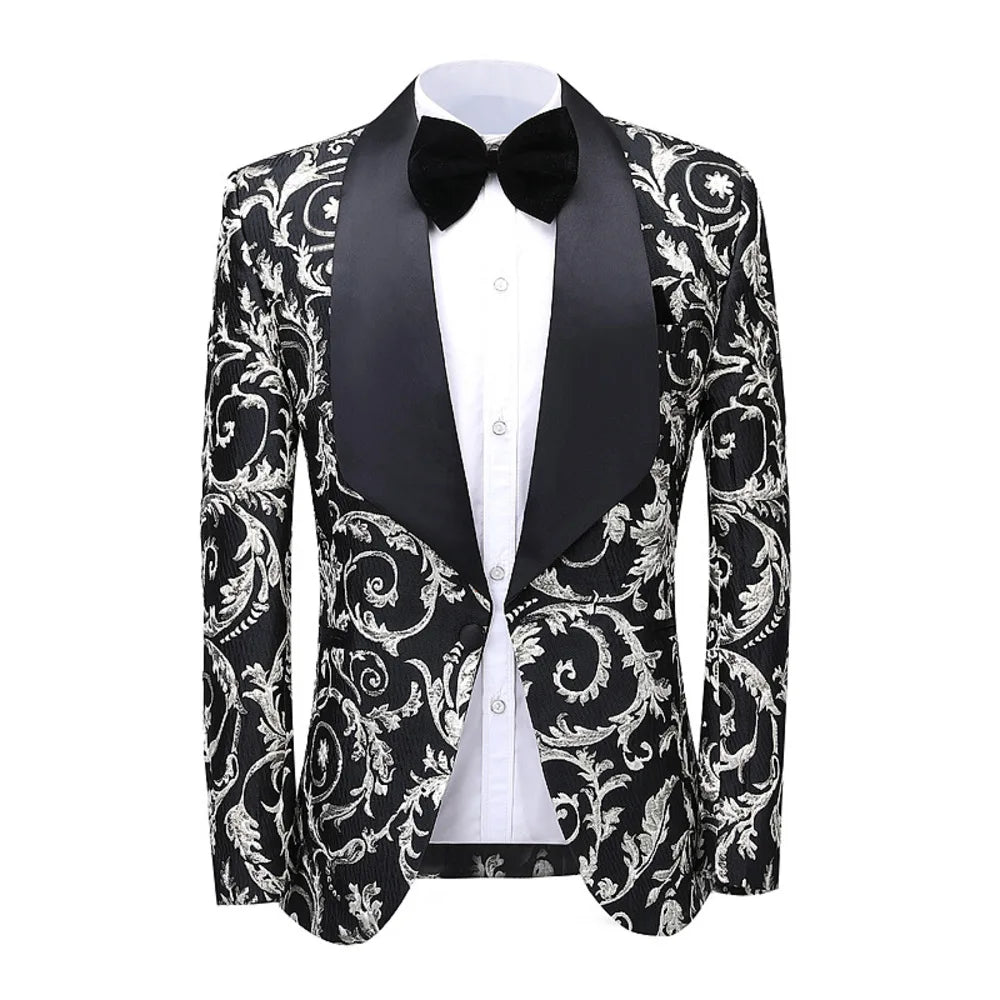 2-Piece Men's Printed Single Row One Button Suit Slim Korean Formal Dress For Groomsmen Wedding Clothing (Blazer+Pants)
