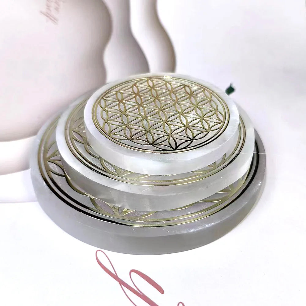 Natural Selenite Slice Slab Flower of LIfe Gold Pattern Healing Energy Charging Plate For Cleansing Fengshui Meditation 7 Chakra