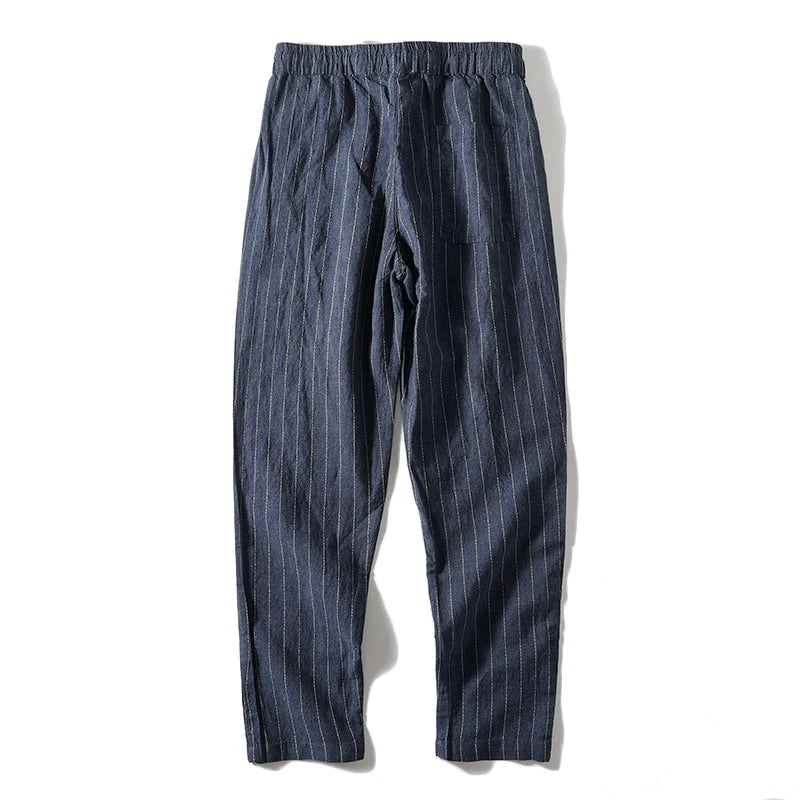 Cotton and Linen Comfortable Men's Fashion Trend Summer Pure Straight Stripe Thin Breathable Solid Color Loose Casual Pants