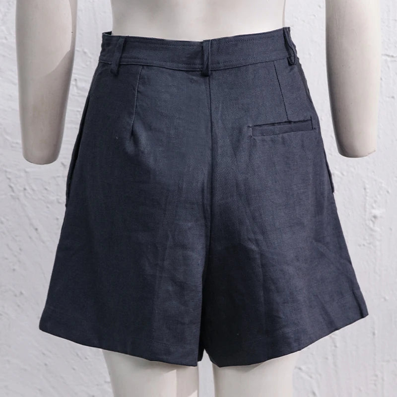 2024 Summer 100% Linen Women'S Shorts Casual High Waist Wide Leg Button Up Elegant Ol Short Pants Femme