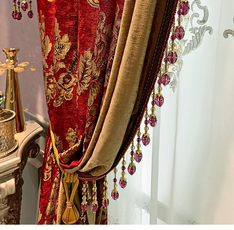 Red Gilded Jacquard Thickened Chenille Patched Curtains for Living Room Bedroom French Window Villa Customization Valance