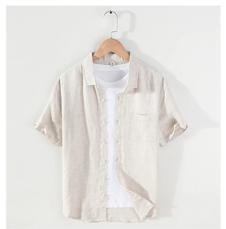 923 100% Linen Men's Summer Fashion Shirt High Quality Solid Color Simple Casual Short Sleeve Blouses Basic Thin Breathable Tops