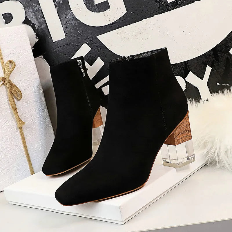 Women Ankle Length Flock Boots Fashion Square Toe High Heel Shoes Winter Ankle Boots Ladies Shoes 298-2