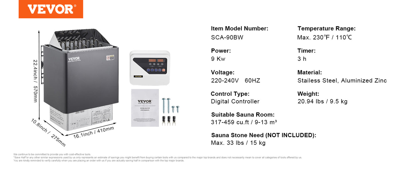 VEVOR Sauna Heater 3/4.5/6/9KW 220V Electric Sauna Stove Steam Bath Sauna Heater for Max. 317-459 Cubic Feet Home Hotel Spa