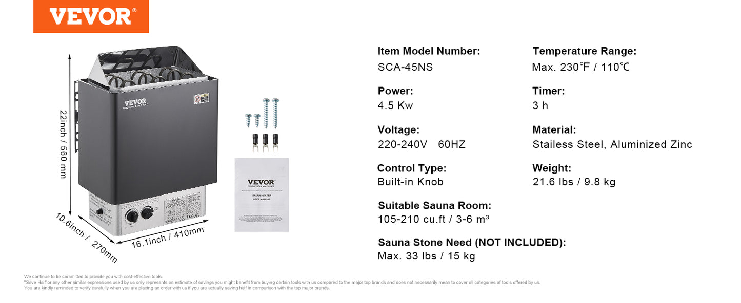 VEVOR Sauna Heater 3/4.5/6/9KW 220V Electric Sauna Stove Steam Bath Sauna Heater for Max. 317-459 Cubic Feet Home Hotel Spa