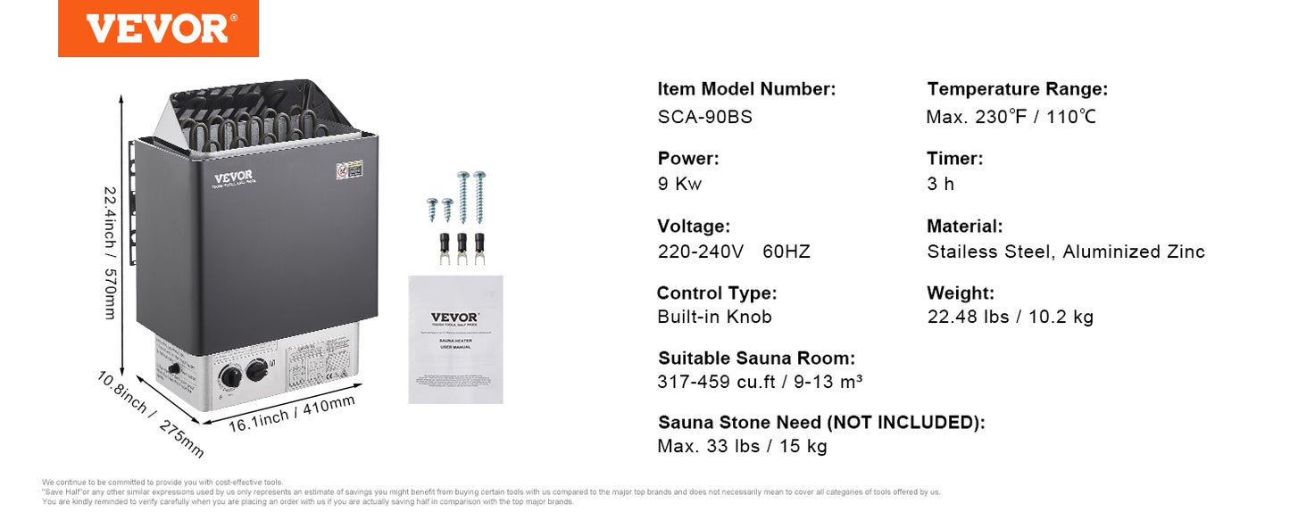 VEVOR Sauna Heater 3/4.5/6/9KW 220V Electric Sauna Stove Steam Bath Sauna Heater for Max. 317-459 Cubic Feet Home Hotel Spa